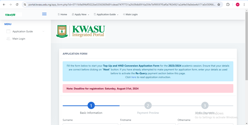 How To Apply for KWASU POST UTME Form