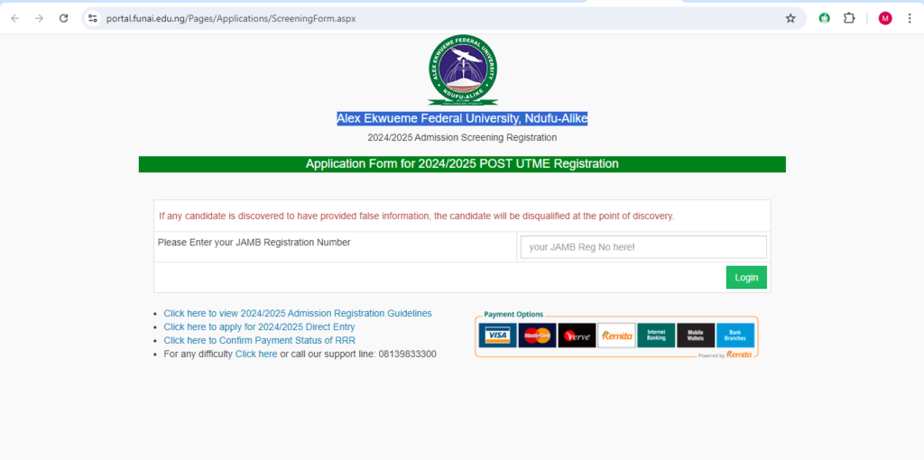 How To Apply for AE-FUNAI POST UTME Form